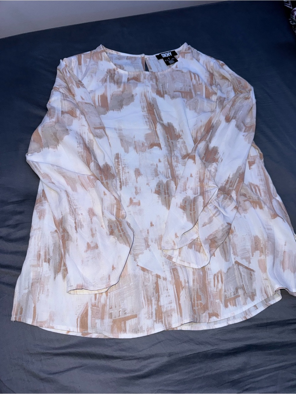 DKNY White and Beige Brushstroke Long-Sleeve Blouse